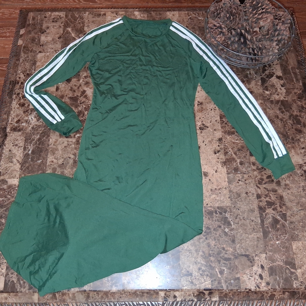 Green Long Sleeve Dress with White Stripes - Picture 1 of 3